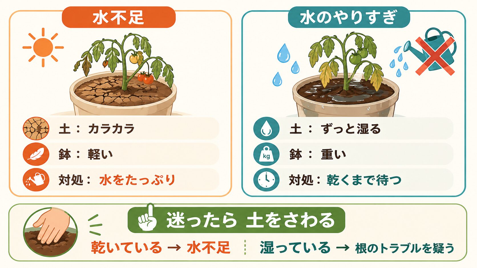 家庭菜園で水不足と水のやりすぎを見分ける図解